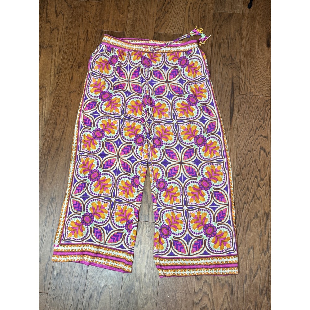 Emerson Rose Pink Orange Purple Floral Tile Print Wide Leg Boho Pants Size M